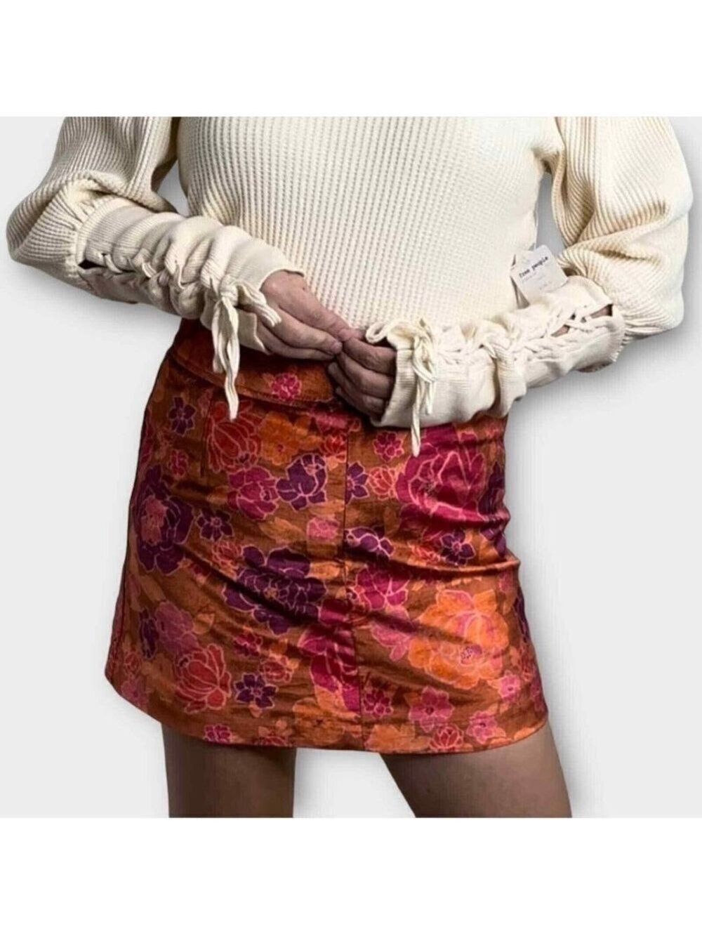 Free People Women's Orange Velvet Floral Print Mini Skirt Size US 10